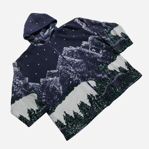 Mens Vintage Mountain Forest Winter AOP Graphic Blue Oversized Fit Zip-up Jacket